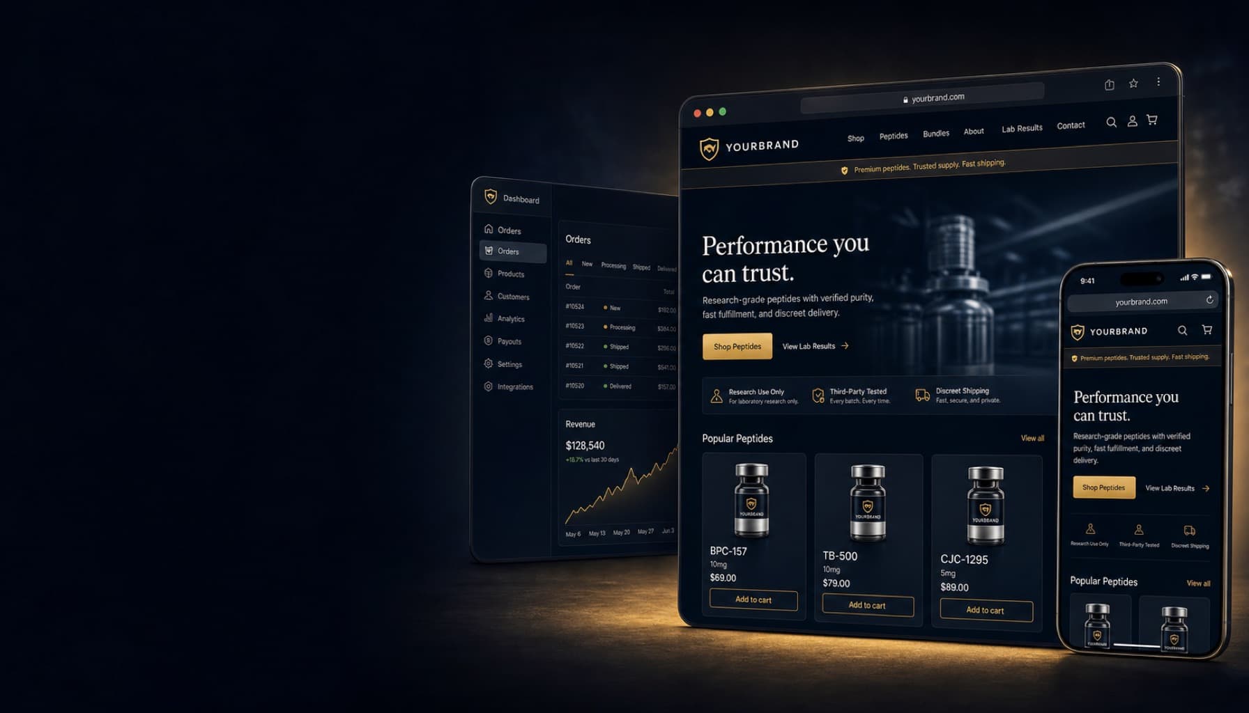 A client-branded peptide storefront, admin dashboard, and mobile store — the Done-For-You platform, launched in days.