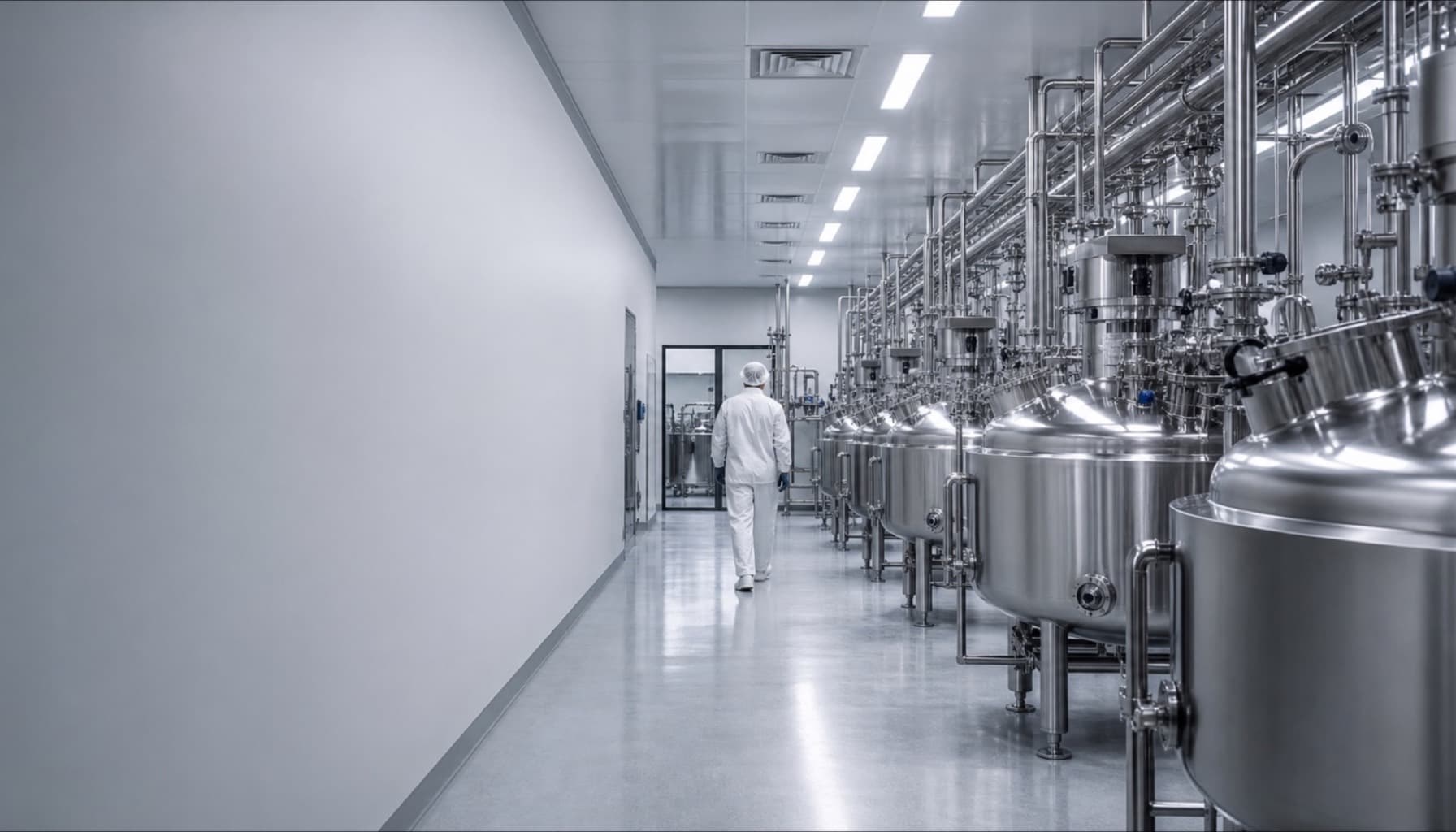 US pharmaceutical production suite — stainless-steel reactor vessels under cleanroom lighting.