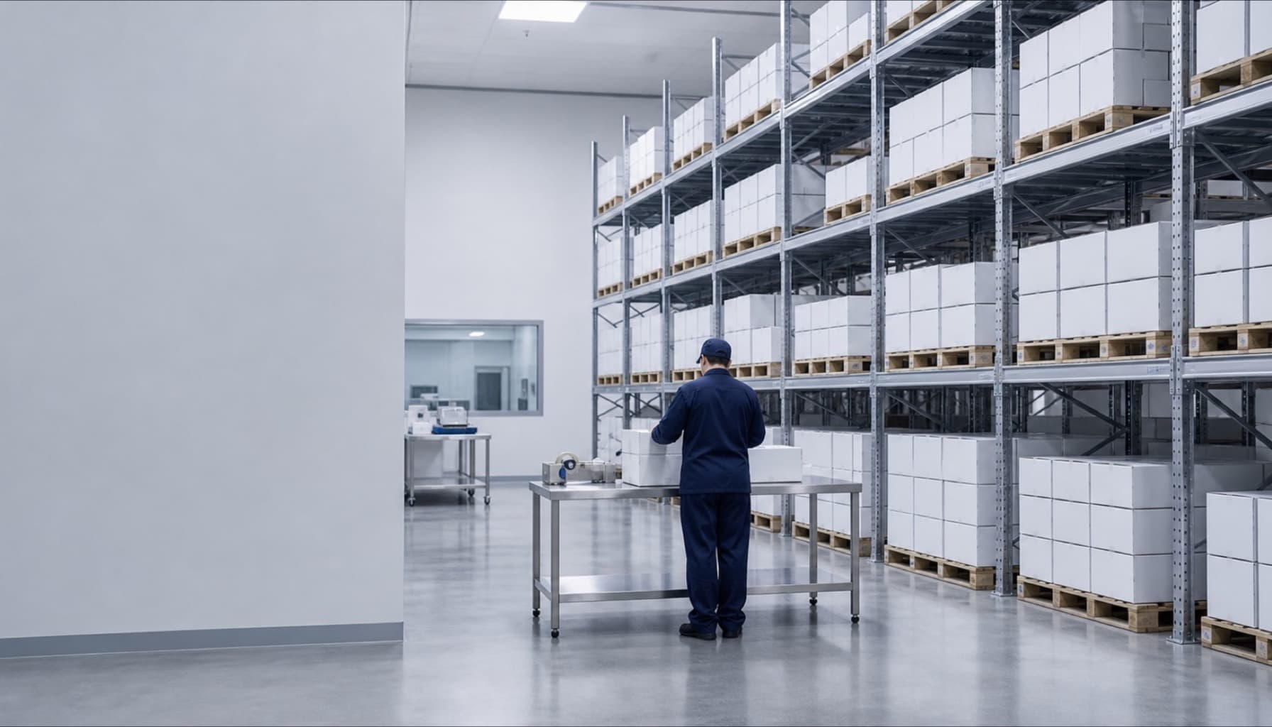 Organized warehouse racking with packed cartons staged for carrier handoff.