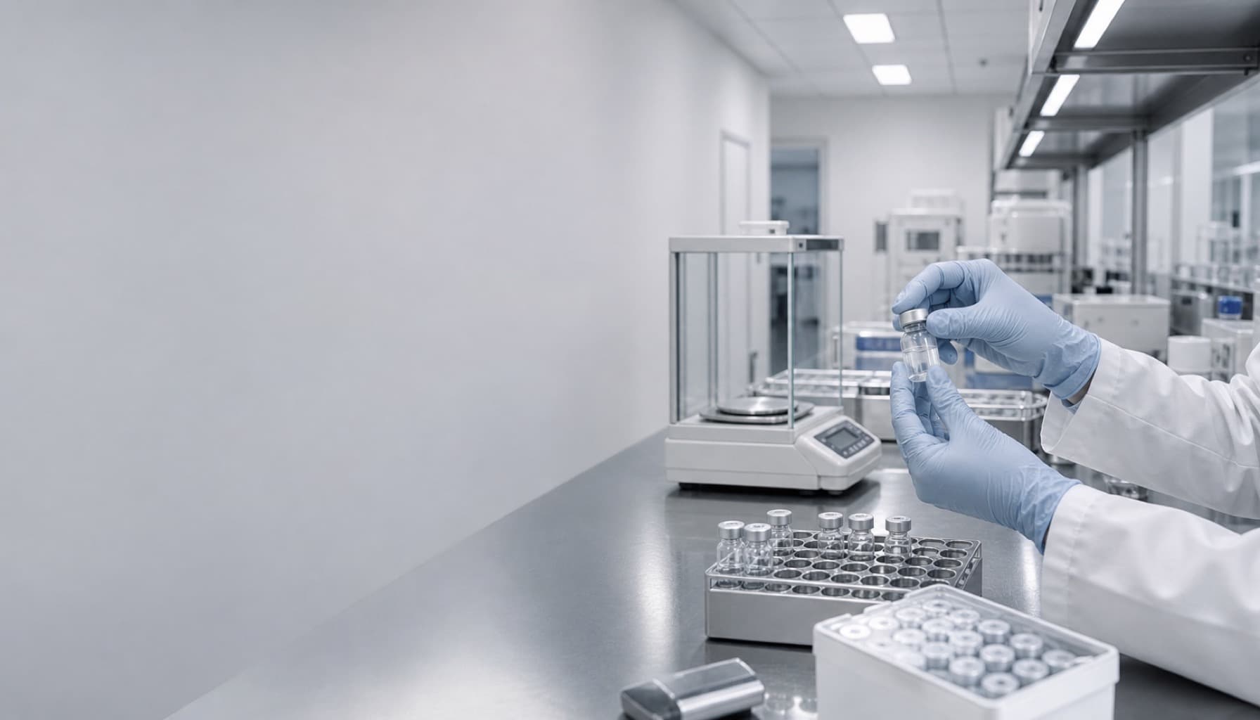 Gloved hands pipetting during peptide formulation development.