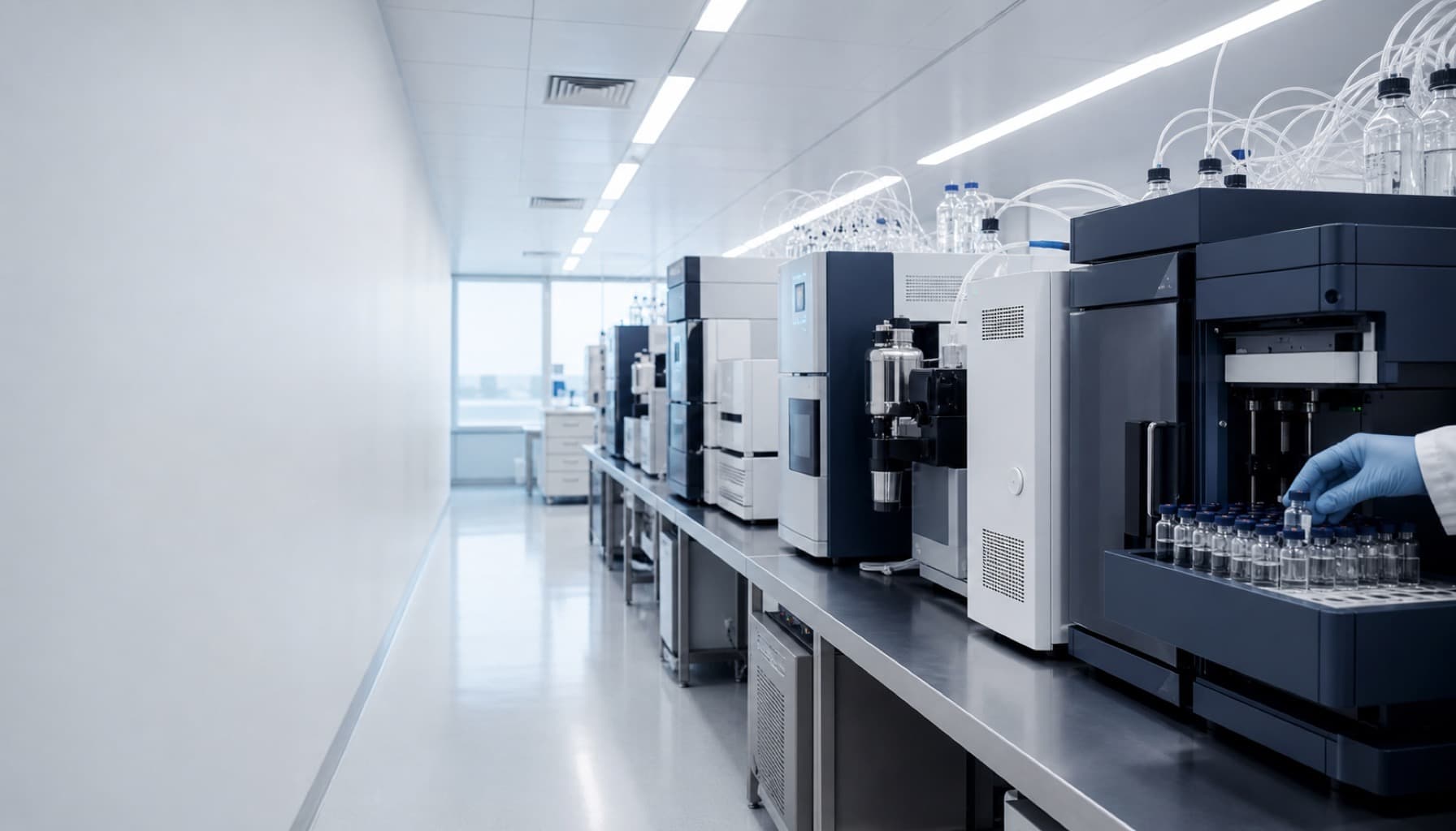 Analytical HPLC and mass-spectrometry instruments in a QC laboratory.