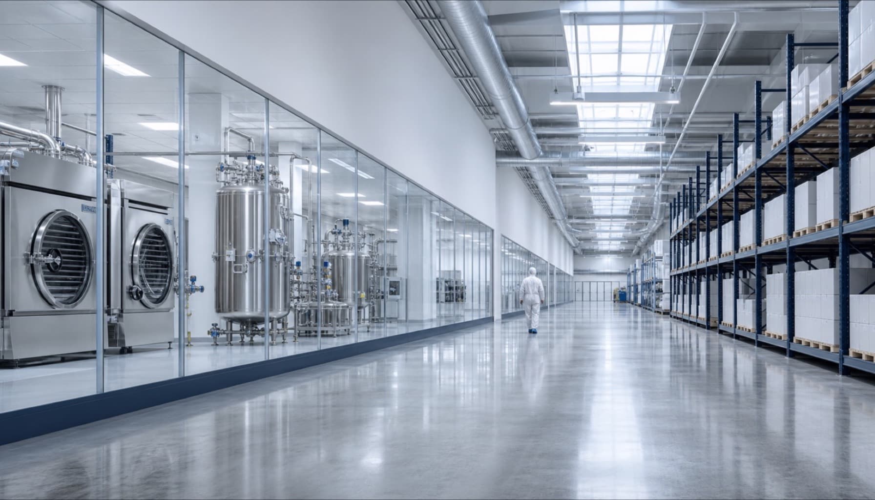 US-based pharmaceutical production suite under cool clean daylight.