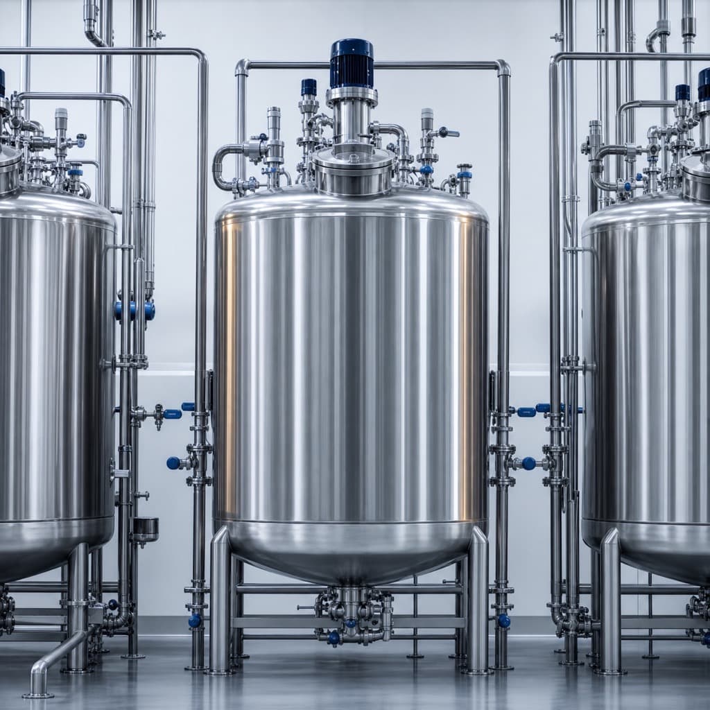 Stainless-steel reactor vessels in a clean pharmaceutical production suite.