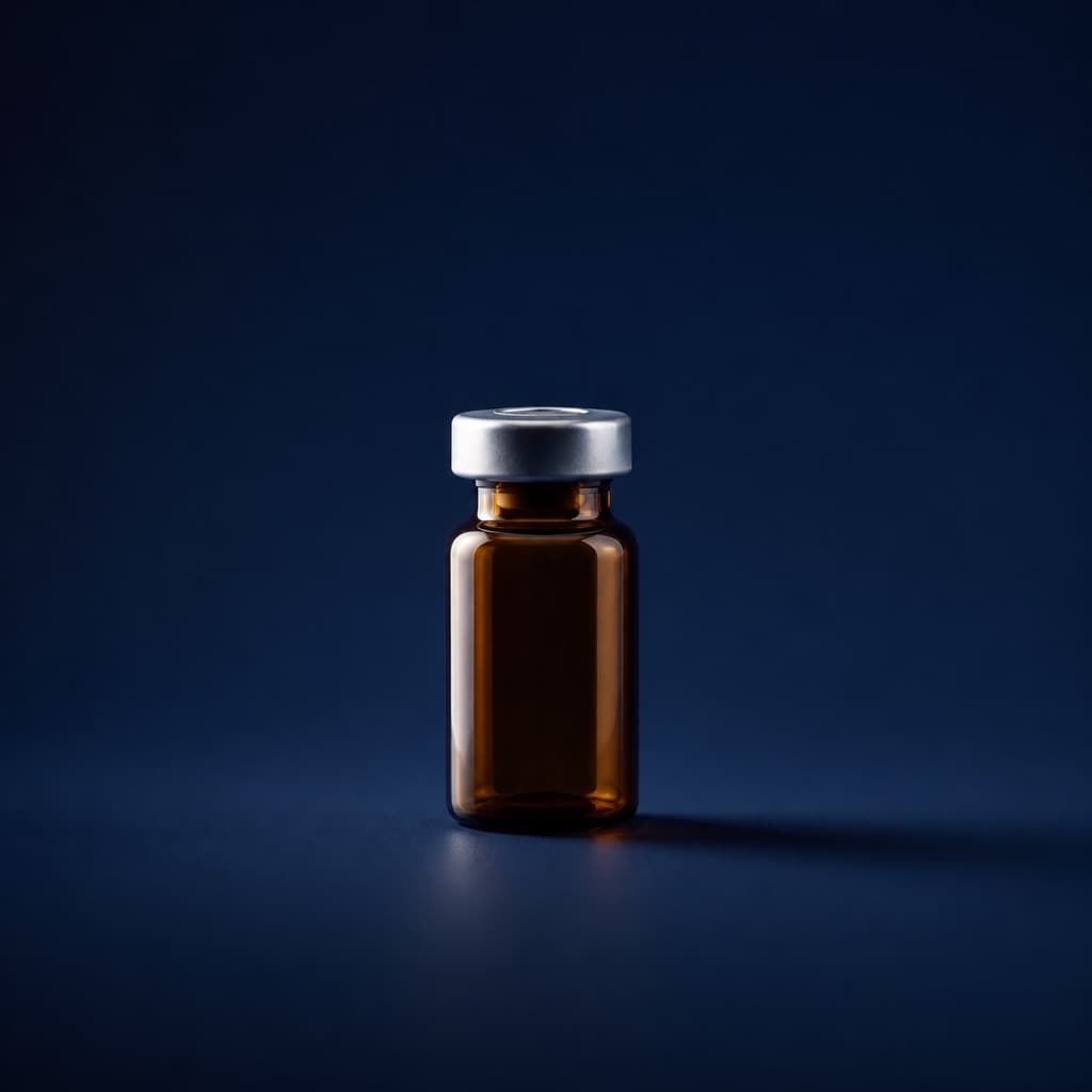 Capped research peptide vials arranged on a dark studio surface.