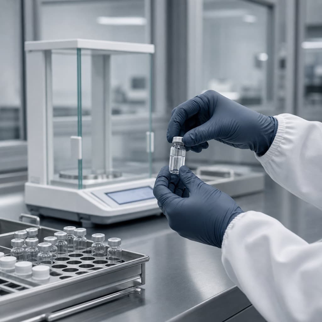 Gloved hands pipetting during peptide formulation development.