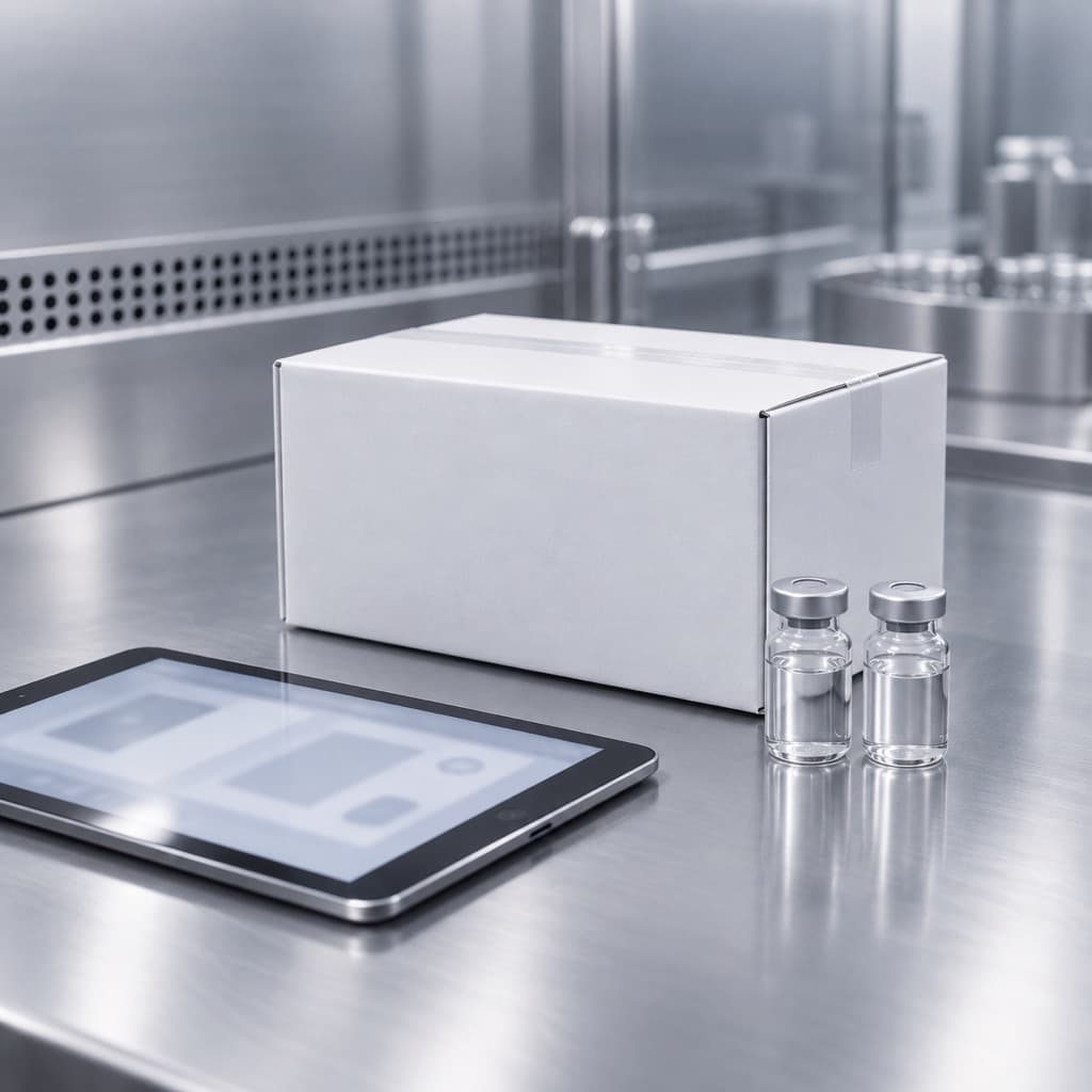 A sealed white prescription shipping box beside a tablet on a stainless counter.
