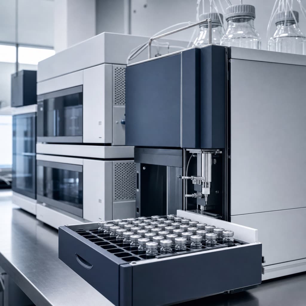 Analytical HPLC and mass-spectrometry instruments in a QC laboratory.