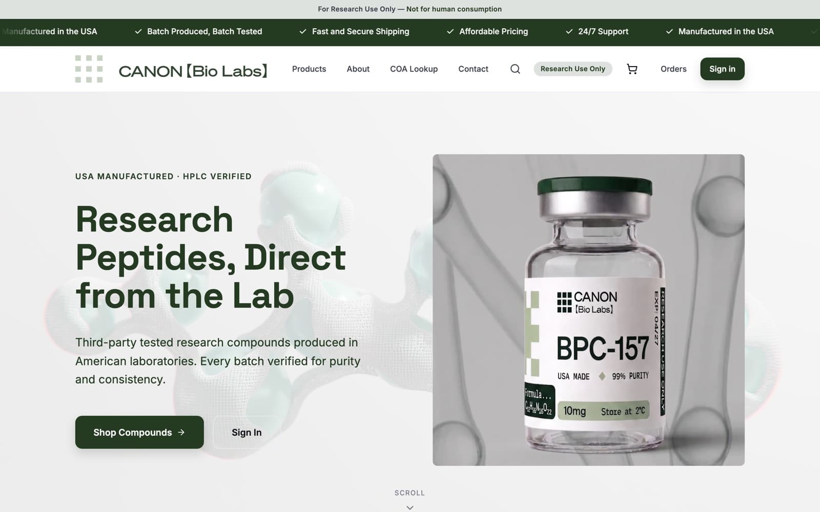 Canon Bio Labs live storefront — partner store running on this platform